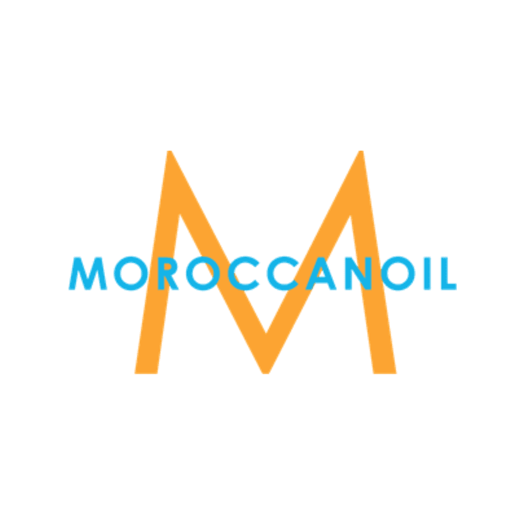 Moroccanoil logo featuring a large orange "M" with blue text beneath it.